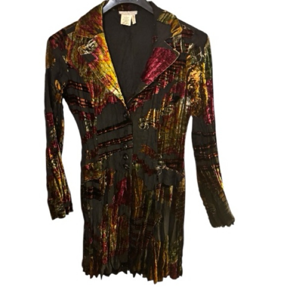 ALBERTO MAKALI Late 90s Black Floral Paisley Crushed Velvet Crinkled Duster Sz L